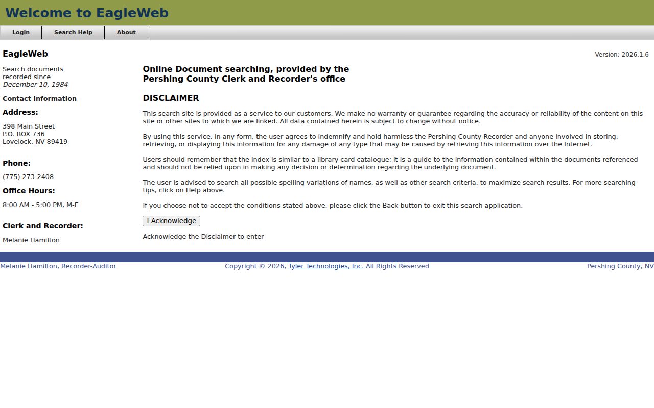 EagleWeb disclaimer showing it is not a Pershing County criminal court case search