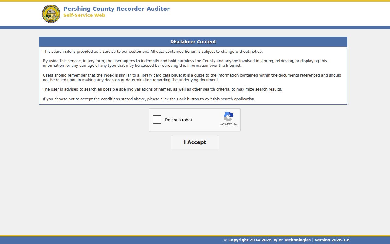 Tyler self-service disclaimer for Pershing County court case searches