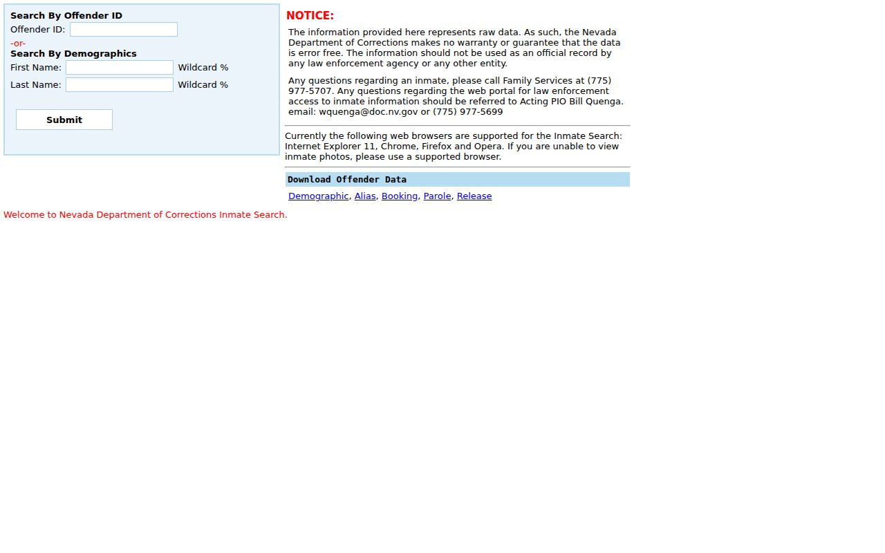 Pershing County criminal history NDOC prison record search